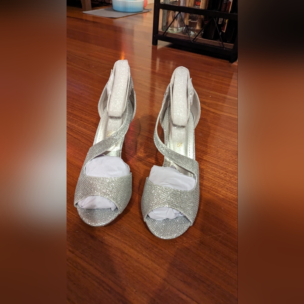 Sparkly Silver Open Toe Heels
